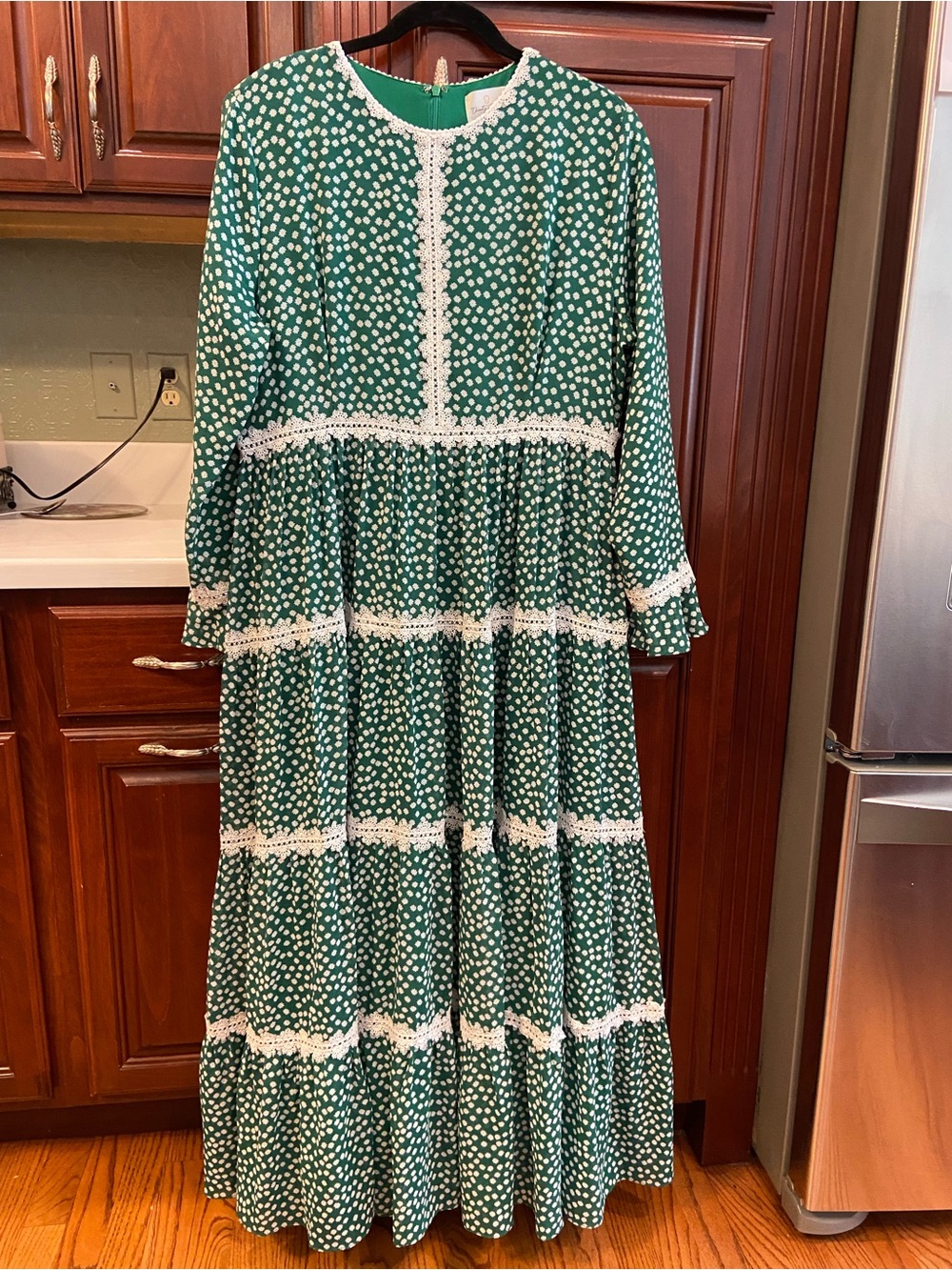 Dainty Jewells Green Polka Dot Tiered Maxi Dress with White Lace Trim